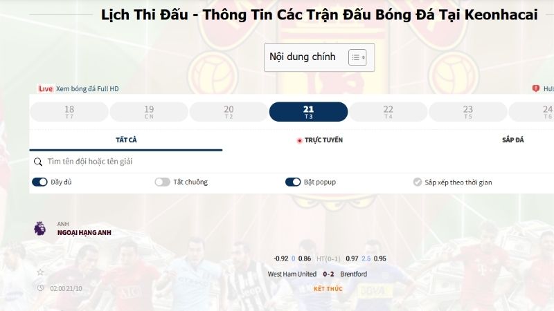 Xem lịch thi đấu keonhacai giúp bạn chủ động đặt kèo